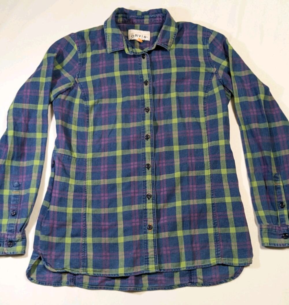 Orvis Womens Plaid Button Up Shirt XS Blue Green Purple Hidden Side Pocket